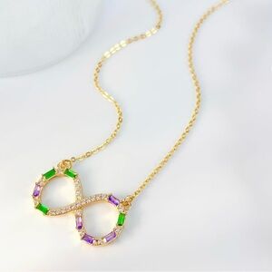 Gold Infinity Necklace with Purple and Green Accents
